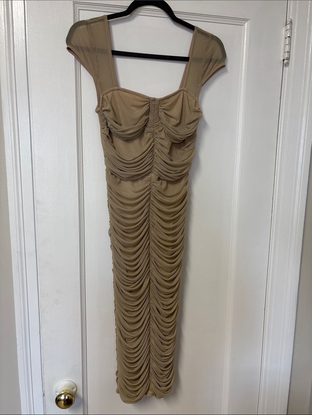 PrettyLittleThing Taupe Ruched Sheer-Cap Midi Dress